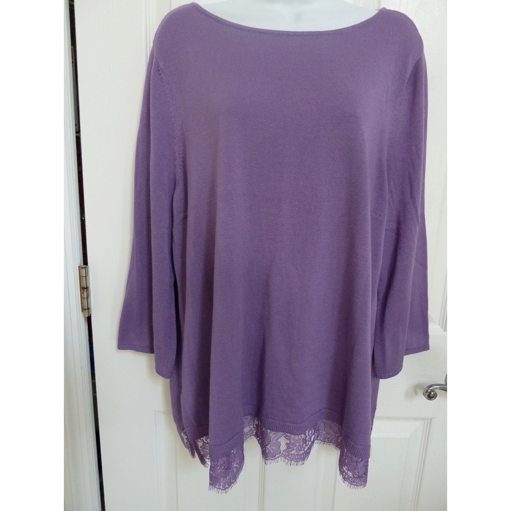 Chico's Size 3 XL Purple Tunic Sweater Lace Hem Boat Neck 3/4 Sleeve Cotton
